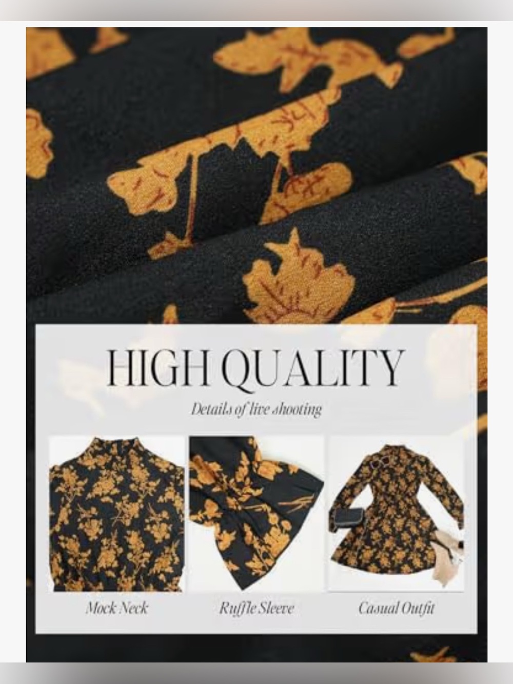 ✨NWT✨Cupshe Black Long-Sleeve Mock Neck Dress with Gold/Orange Floral Print - Picture 6 of 9